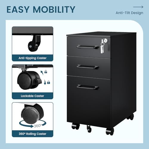 MIIIKO File Cabinet 3 Drawers on Wheels Under Desk, Black Metal File Cabinets with Lock for Home Office, Filing Cabinet with Lock(Un-Assembled) - Image 7
