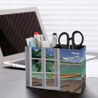 PU Leather Multi-Compartment Pen Holder Desktop Organizer Pencil Cup Storage Caddy for Office Home Supplies Wood Window Ocean Scenery Sand Sea Beach Theme - Image 5