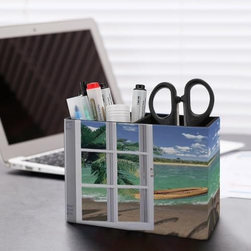 PU Leather Multi-Compartment Pen Holder Desktop Organizer Pencil Cup Storage Caddy for Office Home Supplies Wood Window Ocean Scenery Sand Sea Beach Theme - Image 5