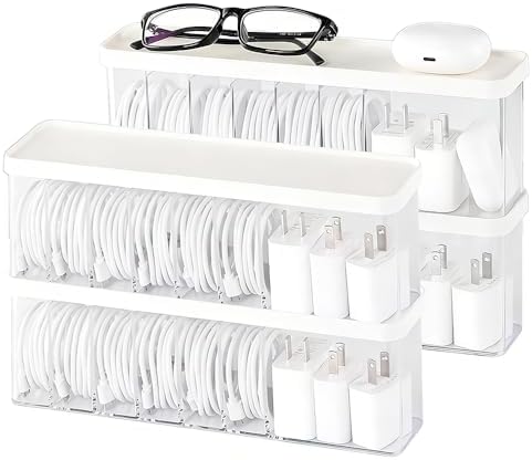 Cord Storage Organizer Box with Lid, Easy Organizer Without Cable Ties, Clear Electronics Organizer for Home Office Desk (Stackable-4Pack) by Unknown