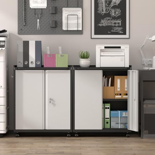 32''H Metal Storage Cabinet with Wheels, Garage Tool Storage Cabinets with Lock, Lockable Steel Rolling Tool Chest with Doors & Adjustable Shelves for Garage, Home, Office - Image 2