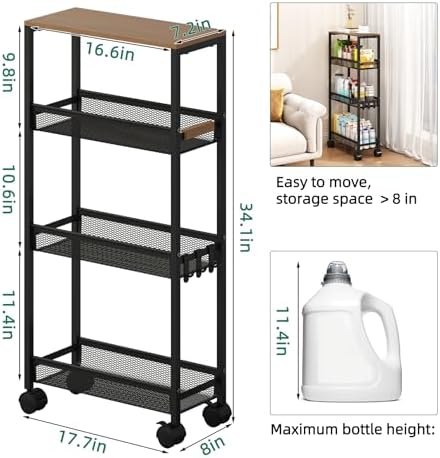 4-Tier Slim Utility Rolling Laundry Cart with Wheels, Black - Image 5