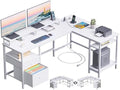 Furologee White 59” L Shaped Desk with Power Outlet, Reversible Computer Desk with File Drawer & 2 Monitor Stands, Corner Home Office Table with Storage Shelves for Gaming Writing by Furologee