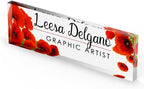 Artblox Office Personalized Name Plate for Desk with Business Card Holder On Clear Acrylic Glass Poppy Flowers Design Custom Desk Name Plate with Your Name and Credentials Customized Gift - Image 5