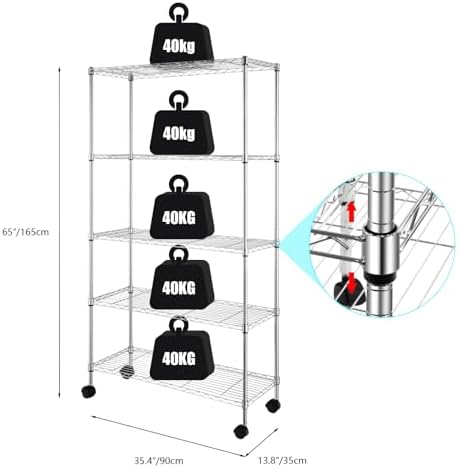 5 Tier Storage Racks Shelving, Heavy Steel Pantry Shelves, Adjustable Wire Shelving Rack with Wheels, Suitable for Garage, Kitchen, Bathroom, Office, 35" W x 14" D x 65" H, Chrome - Image 2