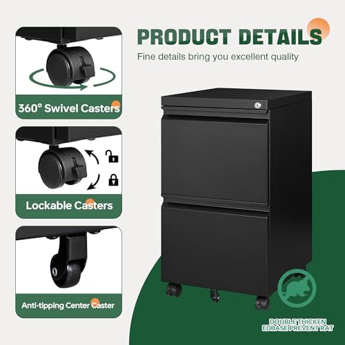 Letaya Mobile File Cabinet with Lock,2 Drawer Under Desk Metal Rolling Filing Cabinets for Home Office Organizer Letters/Legal/A4(Fully Assembled-Black) - Image 6