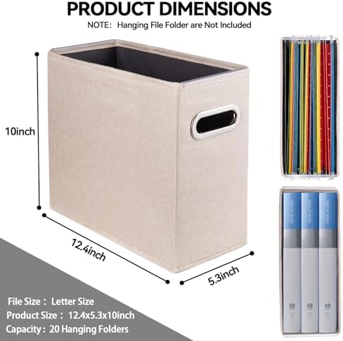 6 Pack Letter Size File Storage Box Collapsible，Fabric Hanging File Folders Organizer, Portable Office Document Holder with Metal Handle, Smooth PVC Rails, Beige - Image 2
