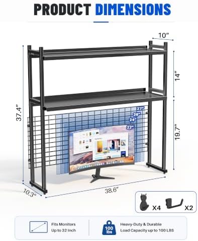 2-Tier Desktop Bookshelf, 38.6" Metal Desktop Organizer with Grid Panel - Image 2