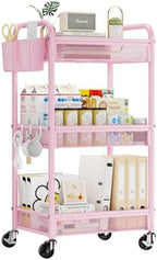 YASONIC 3 Tier Metal Rolling Cart, Pink Utility Storage Cart with Wheels by YASONIC