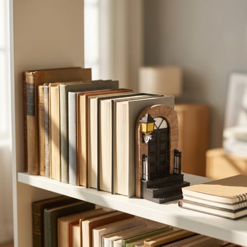 1 Pcs Decorative Bookend with Lighted Lantern, Vintage Resin Book End for Shelves, Unique Book End Weighted Rustic Book Holder for Home, Office and Library Decor (A) - Image 2