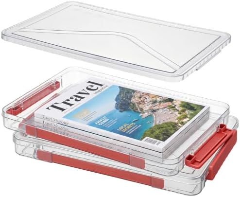 Clear Document Box, Portable A4 Paper Storage Organizer with Snap Latches, Stackable File Case for Certificates Photos Letter Size, Magazine Protector, 14.37" x 9.44" x 1.37" (2 Pack), Red by Cosics