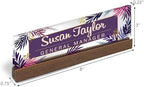 Artblox Personalized Office Desk Name Plate and Business Card Holder | Clear Acrylic Glass with Teak Wood Stand | Purple Leaf Design Customized with Your Name and Credentials Office Desk Decor - Image 3