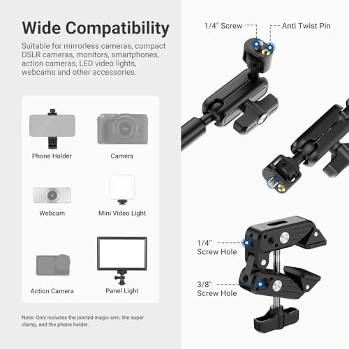 NEEWER Basics Magic Arm Table Stand, 55 cm Microphone Arm Overhead Mobile Phone Holder Desk with 1/4" 3/8" Threads for ARRI, for DSLR Action Cam Webcam Mic LED Light for Video Reinforcement, UA061 - Image 5