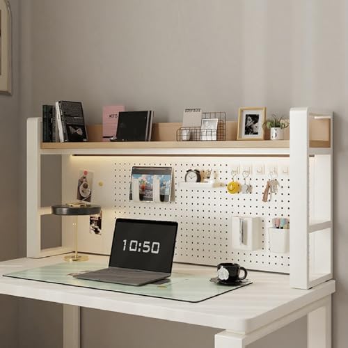 Desk Shelf Organizer for Top of Desk – Desktop Bookshelf with Pegboard & Storage Accessories, Adjustable Hutch for Dorm or Office, Steel Frame Display S White frame + natural wood board 53.1*9.8*26in by Unknown