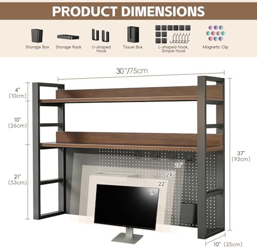 LINLIUA 2/3/4 Tier Desk Hutch, Metal Desk Shelf with Pegboard, Desk Shelves for Top of Desk, Freestanding Desktop Bookshelf, Desktop Shelf Organizer Display Rack for Dorm Office and Home - Image 2