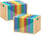 Sbanmao 2 Pack Hanging File Organizer, Clear Acrylic File Box Organizer, Bamboo Filing Box File Crate Storage Boxes, Portable Filing Organizer with Handle for Letter Size by shengbaomaoyi