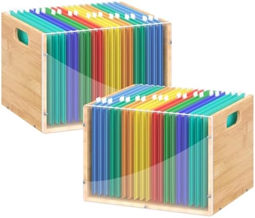 Sbanmao 2 Pack Hanging File Organizer, Clear Acrylic File Box Organizer, Bamboo Filing Box File Crate Storage Boxes, Portable Filing Organizer with Handle for Letter Size by shengbaomaoyi