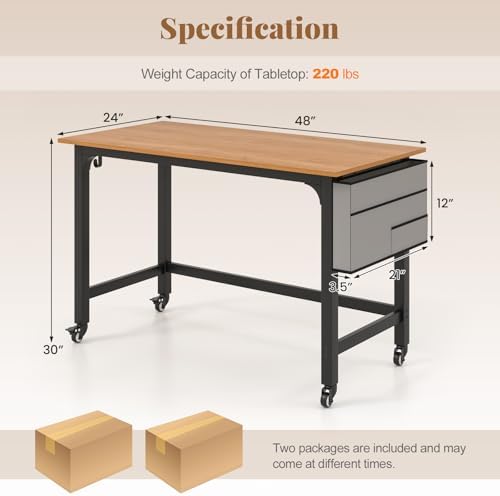 GIANTEX 4FT Conference Table, 2 PCS 48" Rectangular Mobile Meeting Room Desk w/Removable Storage Bag & 2 Hanging Hooks, Rolling Modern Seminar Boardroom Table for Office Conference Room, Natural - Image 2
