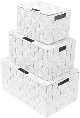 Sorbus Storage Basket with Lid, 3-Piece Woven Set for Shelves (White) by Sorbus