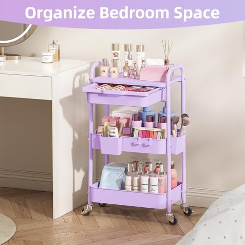 KINGRACK 3 Tier Metal Rolling Cart with Drawer, Purple Utility Storage Cart - Image 6
