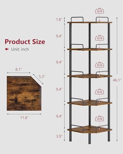 Tajsoon 5 Tier Corner Shelf Stand, Small Corner Table, Rustic Brown - Image 3
