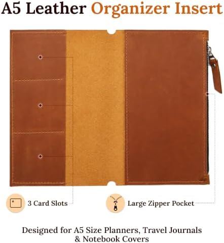 A5 Leather Journal Insert (5.8" x 8.3") – Handmade Leather Organizer Insert with Card Slots & Zipper Pocket, Refillable Notebook Insert for A5 Cover, Leather Journal Accessory, Warm Brown - Image 4
