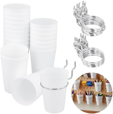 JAPCHET 20 Sets Ring Style Pegboard Cups with Hooks, White Pegboard Cups with Rings, Peg Board Cup Holder for Organizing Accessories Tools, Ideal for Garage Workshop Workbench Office by JAPCHET