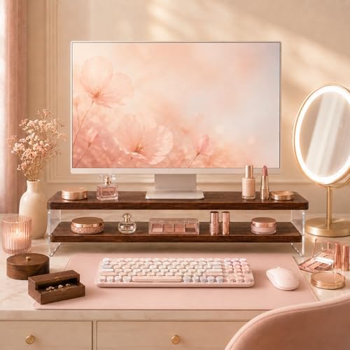 2-Tier Monitor Stand Riser, Keyboard Storage, Wood-Look, Acrylic Sides - Image 3