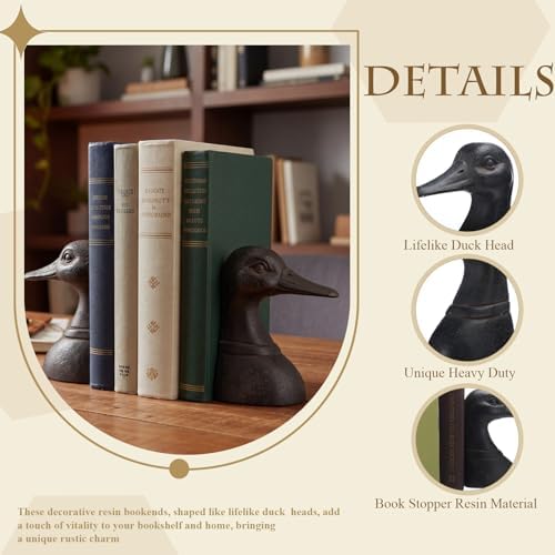 Junkin 2 Pcs Decorative Distressed Duck Head Bookends Rustic Vintage Bookend 4.25 x 3 x 5.75 Inch Resin Heavy Duty Book Stopper for Bookshelf Home Office Library Desk Decor Housewarming Birthday Gift - Image 3
