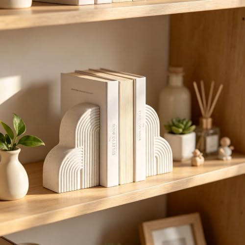 Matte Textured Arch Ceramic Bookends Pair,Heavy Duty Decorative Book Holders,Speckled Black Dot Sculpture Book Stoppers for Shelf Tabletop, Minimalist Modern Home Decor Gift for Book Lovers（White） - Image 6