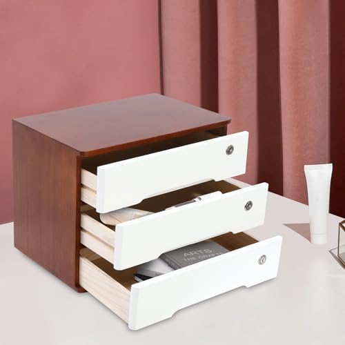 Wood Desk Organizer with 3 Drawers, Lockable Desktop Countertop Storage Cabinet for Home Office Supplies File Tabletop Organizing Unit, 15.75" x 11.02" x 12.2" (Dark Brown + White) - Image 4