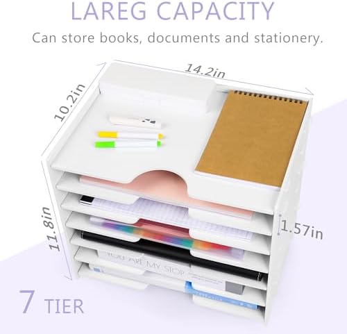 Paper Organizer Storage for Desk, 7 Tier Wide Construction File Organizer Paper Sorter, Desktop Document Storage Holder for Home Office School, White - Image 3