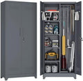 72.8" H Metal Garage Storage Cabinets, Metal Storage Cabinet with Hanging Rod & S-Hooks, Broom Closet Storage with Shelves, Functional Storage Cabinets for Garage, Warehouse, Grey by FATIGOSstoragecabinet