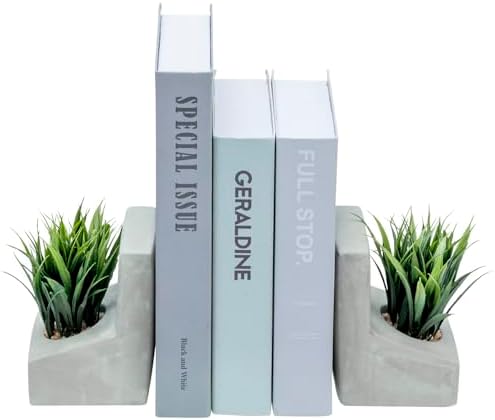 MyGift Decorative Bookends, Heavy Duty Book Ends with Artificial Green Grass Plants, Book Stands for Office Desktop, Bookshelf, Modern Gray Concrete L-Shaped - Image 4