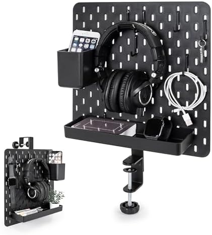 EHO Clamp-On Desk Pegboard, 13.5 x 14 inch Privacy Divider, Desk Partition Panel, No-Drill Desk Mounted Organizer, Combination Peg Board for Office, Gaming, Home, Plants, Black by EHOPrime