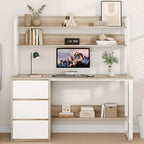 MaverickFurni 55 Inch Computer Desk with Hutch and 3 Drawers, Natural Oak by MAVERICKFURNI