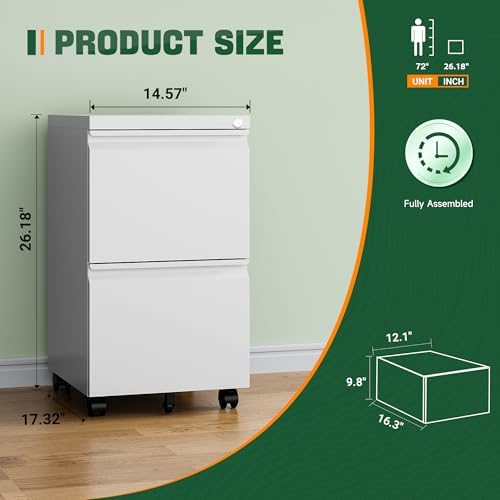 Letaya 2 Drawer Mobile File Cabinet with Lock,Under Desk Metal Filing Cabinets for Home Office Organizer Letters/Legal/A4(Fully Assembled-White) - Image 3