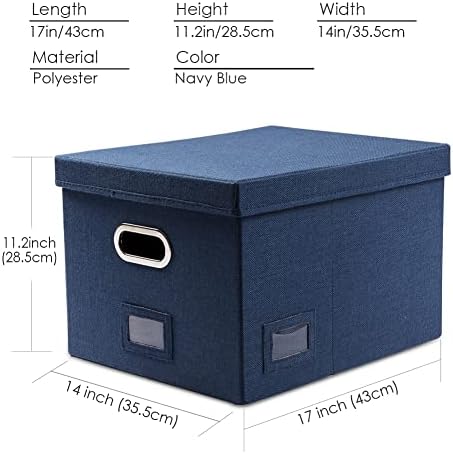 PRANDOM File Organizer Box - Set of 4 Collapsible Decorative Linen Filing Storage Hanging File Folders with Lids Office Cabinet Letter/Legal Size Navy Blue 17.1x14x11.1 inch - Image 4