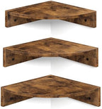 Homode Corner Shelf Wall Mount, Set of 3 Floating Corner Shelves with Cord Hole, 3 Tier Wood Wall Display Shelf, Storage for Bathroom Living Room Kitchen Bedroom, Rustic Brown and Black by Homode