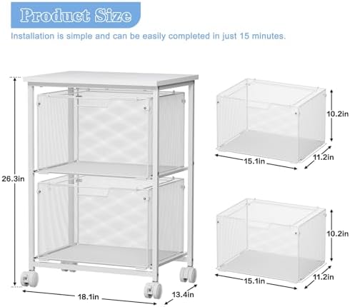 Sbanmao Letter/Legal Rolling File Cabinet, Rolling File Cart with 2 Drawers Filing Cabinet for Home Office, Hanging File Folders Organizer for Under Desk Storage, Mobile Printer Stand, White - Image 6
