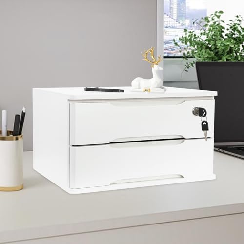 Wood Desk Organizer with 2 Drawers, Lockable Desktop Countertop Storage Cabinet for Home Office Supplies File Tabletop Organizing Unit (White) - Image 2