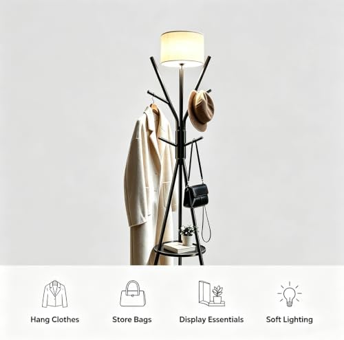 Black Coat Rack Floor Lamp, Metal Standing Lamp with Storage Table, 3 Color Dimmable Tall Lamp with Multi Hooks Coat Rack, Corner Floor Light for Living Room Bedroom Apartment Entryway - Image 5