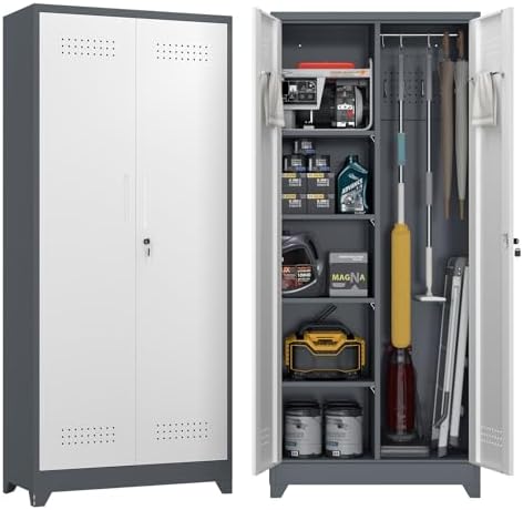 72.8" H Metal Garage Storage Cabinets with Doors and Shelves, Broom Closet Storage Cabinet, Tool Cabinets with Hanging Rod, Cleaning Storage Cabinets for Garage, Office, Laundry Room by FATIGOSstoragecabinet