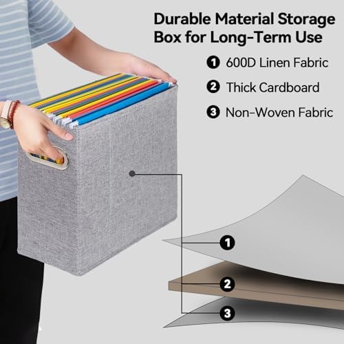 4 Packs Letter Size File Organizer, File Folders Organizer, Fabric Storage Box, Collapsible Paper Organizer with Metal Handle, Smooth PVC Rails, Only Box (Gray) - Image 3