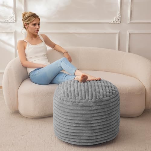 HIGOGOGO Round Stuffed Pouf Ottoman, Stripe Faux Fur Poufs with Foam Chunk Filling, Furry and Fluffy Pouf Foot Stool Storage Ottoman, 20 X 15 Floor Poufs Foot Rest for Living Room, Grey - Image 2