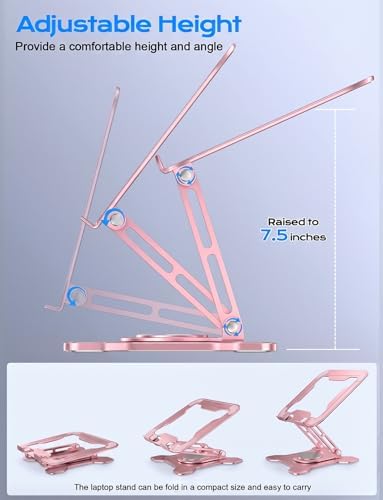 JCZT 360° Rotating Laptop Stand for Desk, Metal Foldable Laptop Riser, Pink - Image 4
