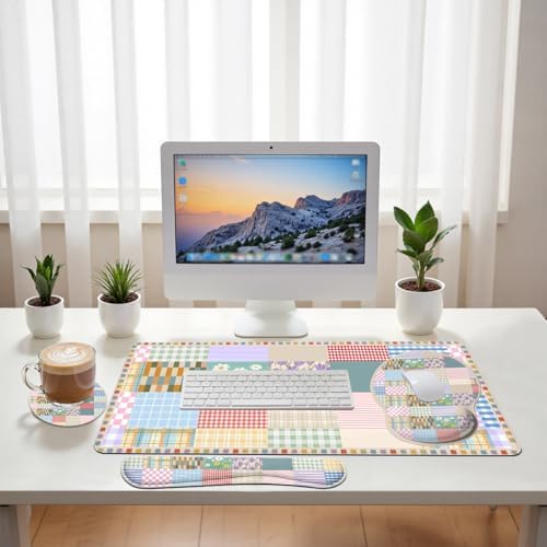 Girlcore Patchwork Desk Mat Set Pink Pastel Plaid Floral Large Mouse Pad with Wrist Rest 4in1 Desk Mat for Desktop Ergonomic Computer Desk Arm Wrist Anti-Slip Computer Mouse Pad Home Office Gaming - Image 6