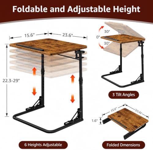 Folding TV Tray Table - Adjustable Height Sofa Rustic Side Table, Wooden Portable Trays for Eating On Couch, Laptop Stand with Cup Holder, C Shaped Foldable Desk - Image 2