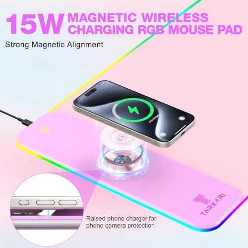 TARKARI 15W Magnetic Wireless Charging RGB Mouse Pad, 800x300mm Pink - Image 2