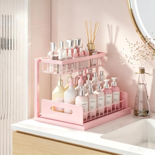 REALINN Pink Countertop Organizer, 2 Tier Vanity Shelf with Sliding Drawer by REALINN